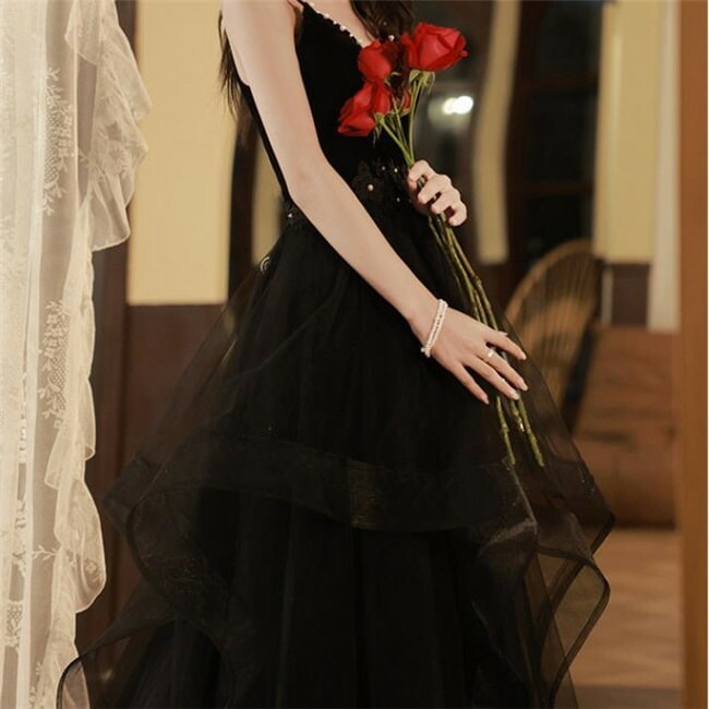 ブラック 吊りスカート マキシ丈ロング丈　ロングドレス　スカート 二次会ドレス フォーマルドレス　春 夏 秋 冬 パーティドレス 二次会 2次会 レース 成人式 同窓会 謝恩会 大学生 服装 入 10