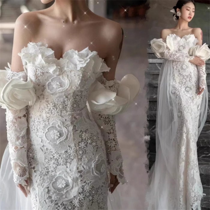 ホワイト　ロング ウェディングドレス 　長袖　レース　花嫁 結婚式 披露宴 フォマール ドレス シンプル Aライン ウエディング ドレス チュール 可愛い ブライド ドレス 発表会 演奏会 ドレ 12