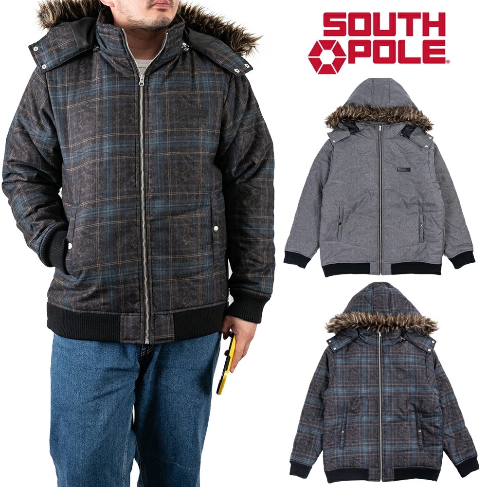 SOUTHPOLE 中綿ジャケット チェック 無地 メンズ ポリエステル グレー L-3XL 大きいサイズ ストリート HIPHOP