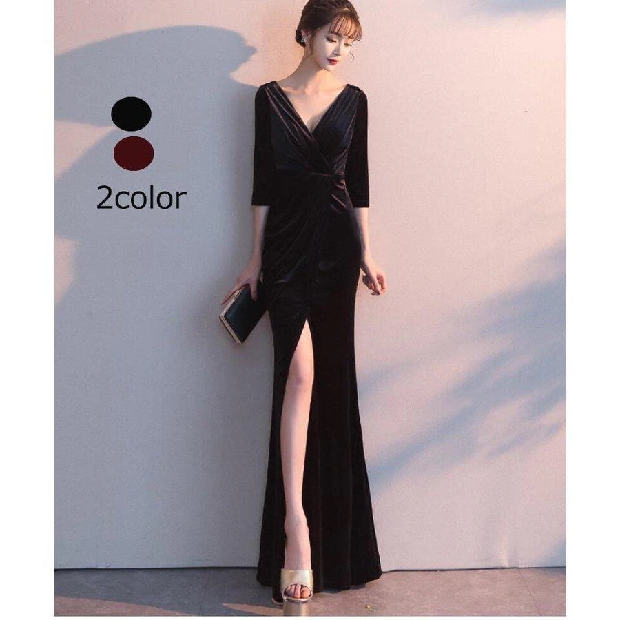 ロング丈ドレス マーメイドドレス 袖あり パーティードレス ナイト キャバドレス ウエディングドレス 演奏会 結婚式 忘年会 二次会 披露宴 ピアノ
