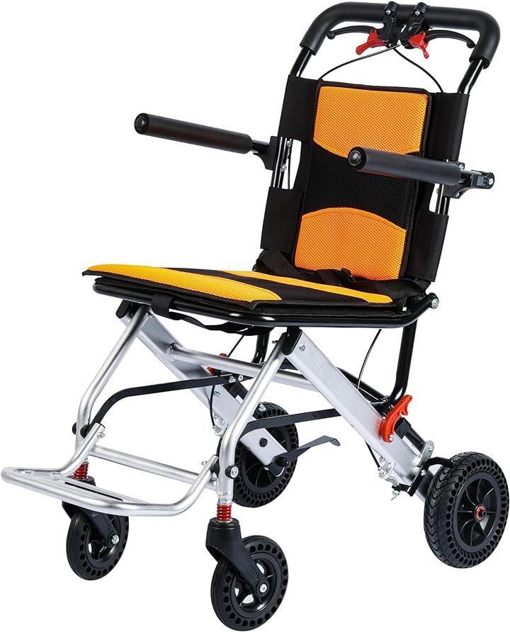 介助型車椅子 軽量 アルミ製 折りたたみ式 収納ポケット付き コンパクト 衝撃吸収 透気性 介護用品 介助ブレーキ付き 外出 旅行に適用 U-LY001( オレンジ)