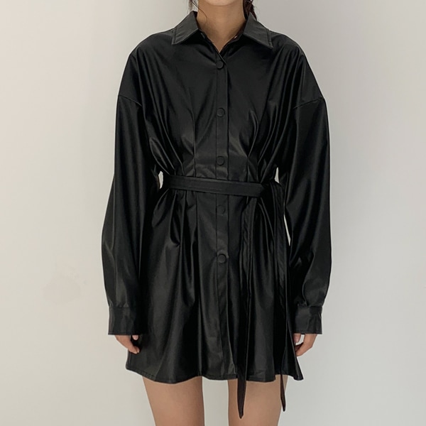 韓国ファッション ピンタック ポケット ベルト レザー革 ミニワンピース ジャケット