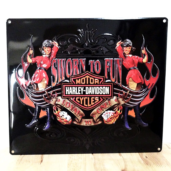 ブリキ看板 ハーレーダビッドソン H-D SWORN TO FUN BABES アンティーク ガレージ スカル 壁飾り ロゴ 正規ライセンス品 アメリカン 雑貨 インテリア おしゃれ 可愛い