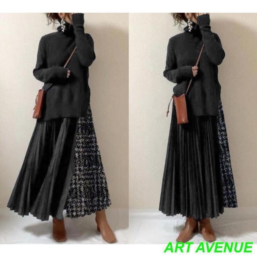 年末メガセール ニットワンピース ロングワンピース 40代 秋 冬 マキシ丈 ハイネック 50代 長袖 プリーツ切り替えワンピース カジュアル 通勤 二次会 カジュアル 秋冬新作ニットワンピース ロン