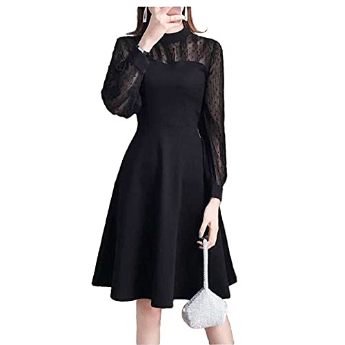 Collecala長袖ワンピース レディースパーティードレス　母親　親結婚式ドレス　ウエストマーク ハイネック Aラインサーキュラースカート　ドットフロッキープリーツシフォン＆カットソー切り替え　ジッ