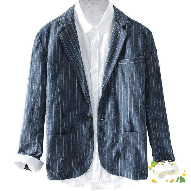 テーラードジャケット メンズ 一つボタン 麻 ン 綿麻ジャケット 夏ジャケット カジュアル スリム テーラード スーツジャケット ストライプ柄