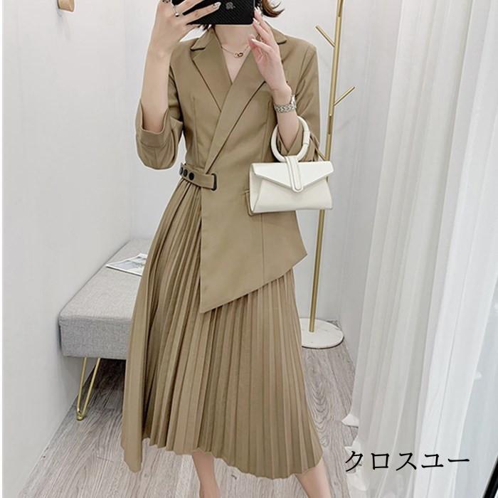 秋の新作 タイムセール テーラードワンピース ロングワンピース レディース ワンピース 長袖 膝丈 プリーツワンピース オシャレ 無地 大きいサイズ 通勤 OL 秋 着痩せ フォーマル 2枚購入で20