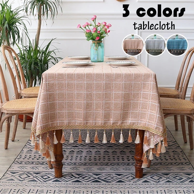 140*220cm テーブルクロス 北欧風 おしゃれ テーブルセッティング 四角形 長方形 綿麻 チェック柄 フリンジ裾 テーブルクロス お手入れ簡単 汚れ防止 家庭用 食卓カバー 3色