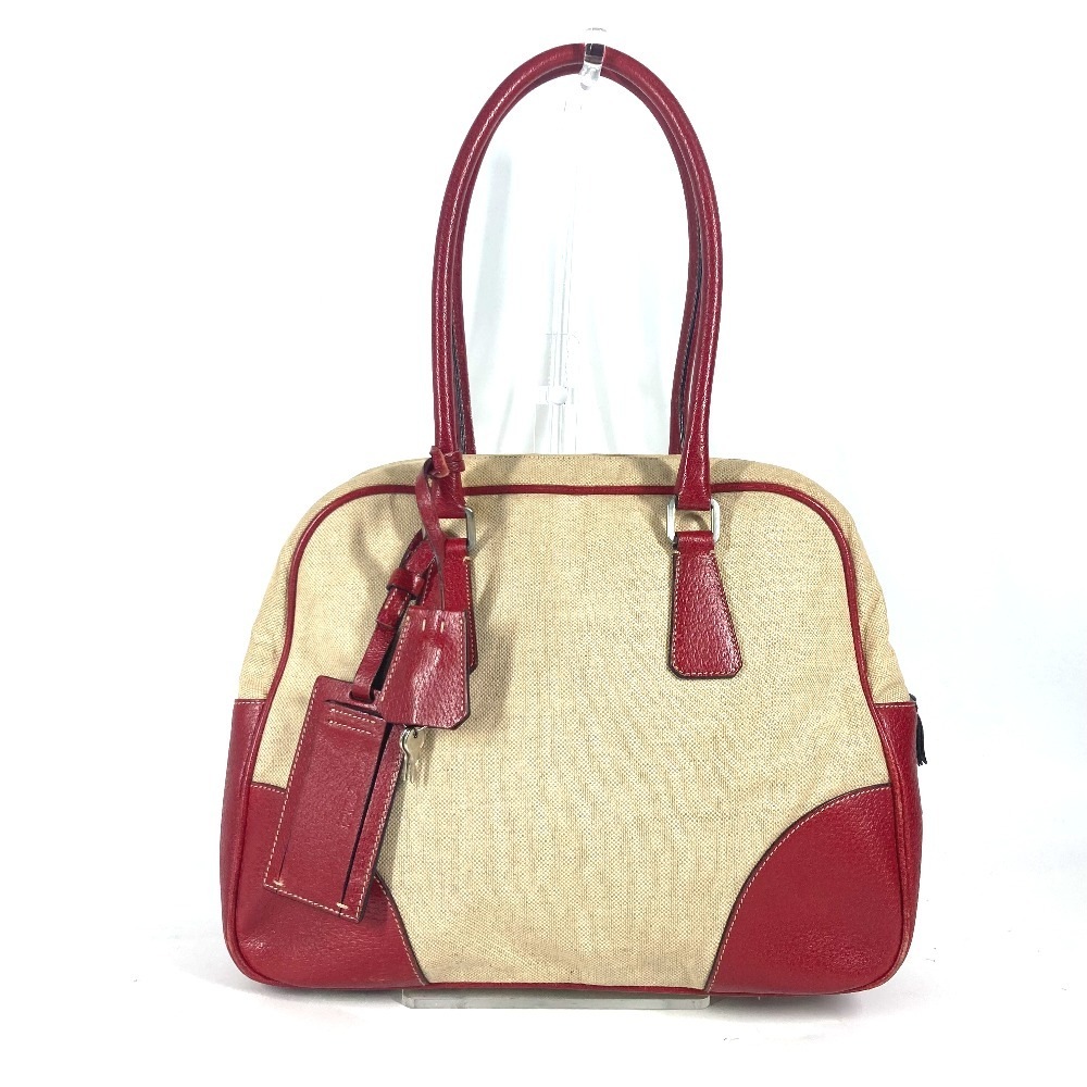 ショルダーバッグ トライアングルロゴ 三角ロゴ プレート バイカラー カバン 肩掛け ボストンバッグ レザー/キャンバス ベージュ