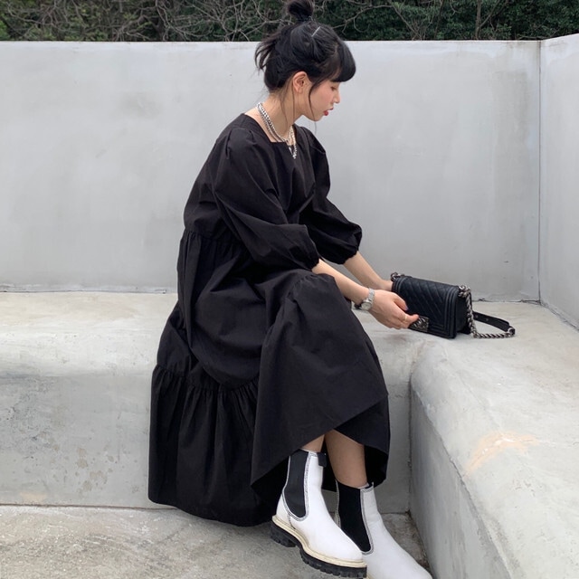 【送料無料】レディース ルーズコットンバブルスリーブロングワンピース 大人可愛い ママコーデ 5,080円