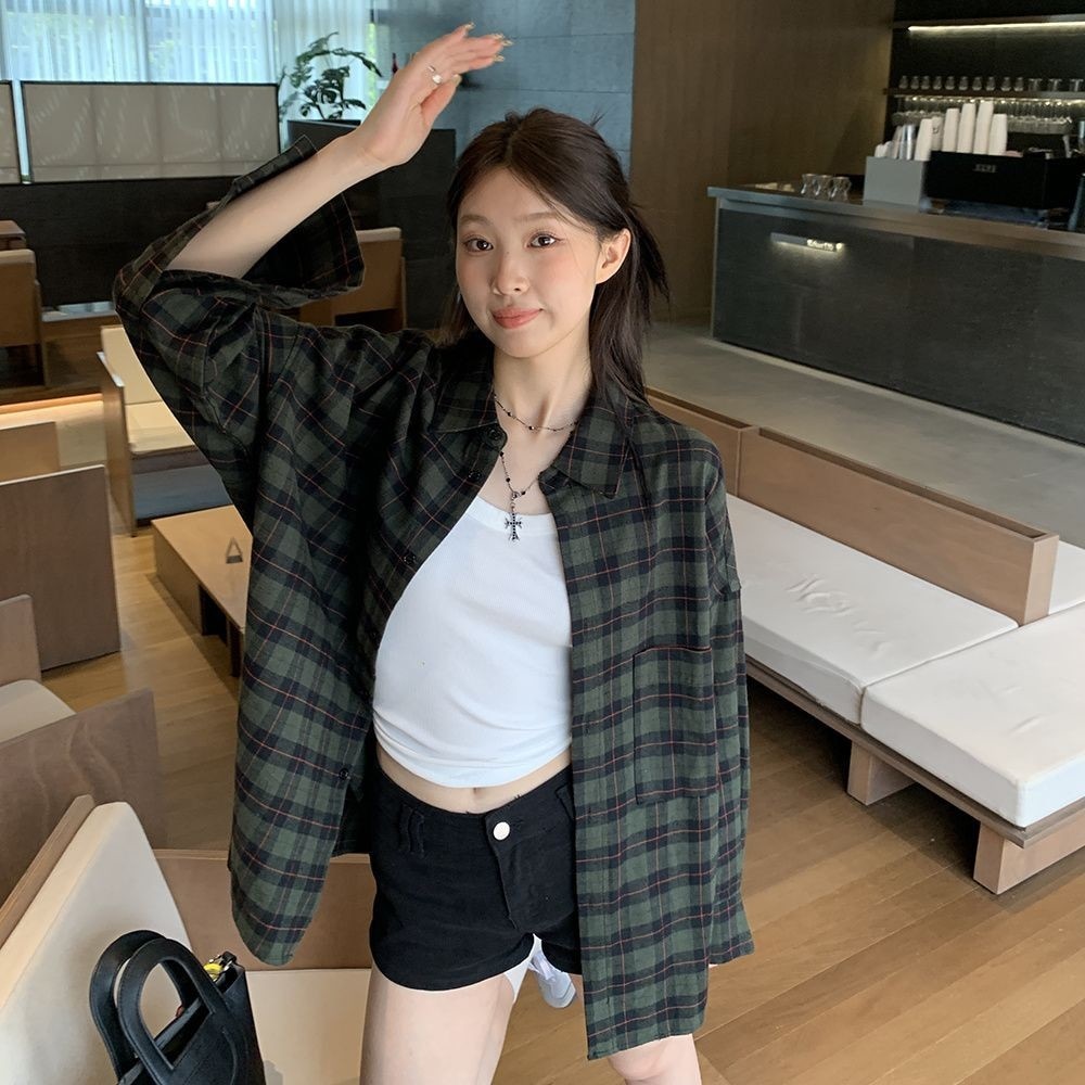 緑 チェック シャツ レディース 長袖 アウター ゆったり リラックス風 chic 高級 レトロ シャツ カーディガン アウター27666