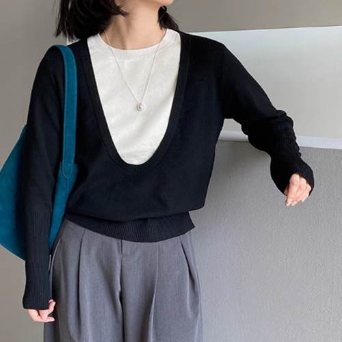 クーポン有トップス レディース ニット プルオーバー 秋 冬 普通丈トップス 長袖 クルーネック 丸首 襟なし カラバリあり ブラック グレー バイカラー 無地 フリーサイズ 旅行 外出 普段使い 日 5,934円