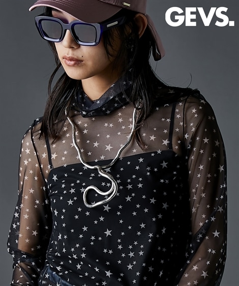 Tシャツ・カットソー 星プリントハイネックプルオーバー 透け素材 大きいサイズ有 GEVS.