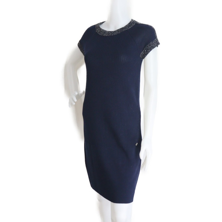 美品 CHANEL シャネル ワンピース P43319K04446 アパレル 表記サイズ 36 コットン100% シルク100% ネイビー 半袖ニット ショートスリーブ ココマ【本物保証】