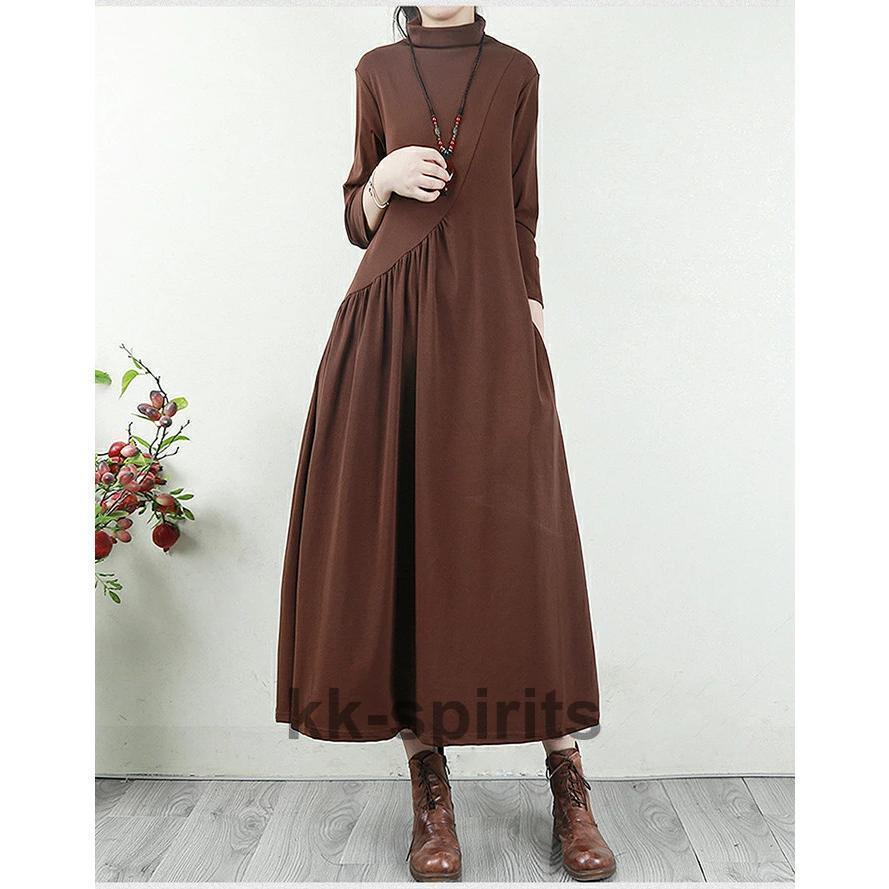 ロングワンピース レディース ワンピース 長袖 秋 冬 ロング丈 体型カバー ハイネック カジュアル 大人 着痩せ 30代40代50代 秋 冬 上品