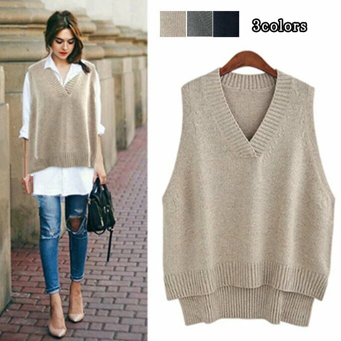 ニットベスト レディース ノースリーブ Vネック ニット セーター 無地 ゆったり 大きいサイズ 体型カバー 着痩せ おしゃれ 春/秋 新作