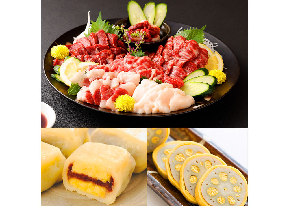 くまもと三大名産品　馬刺し国産4種盛りセット 馬刺し4種盛り250g＋いきなり団子小豆あん5個＋辛子蓮根 2個