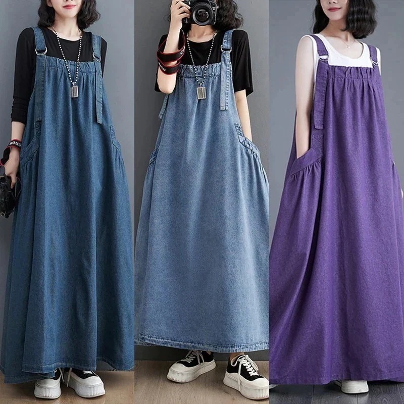 「ファットガール」 新色追加 お勧め デニムワンピース 6色 サロペット風 大人お洒落に 春夏 キャミデニム ロングワンピース ストラップドレス 大きいサイズ ゆったり 無地 通勤 メガ割