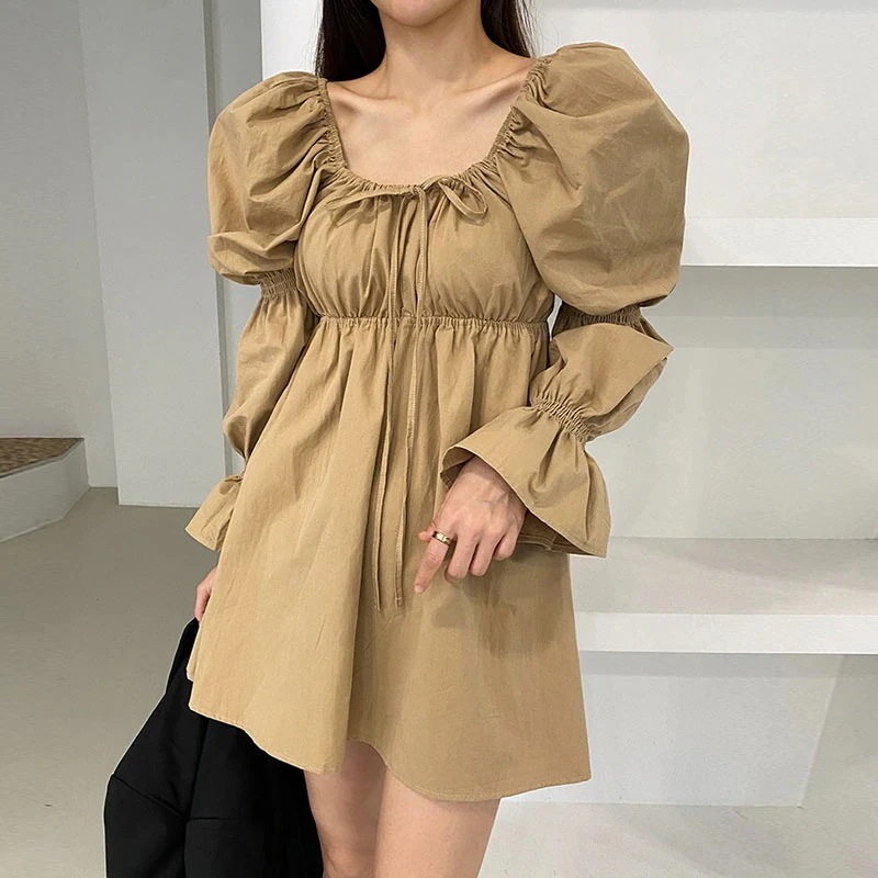 レディースドレスシフォンワンピショート長袖韓国小人数レトロスクエアネック正反対2着リボンフレアスリーブレジャー