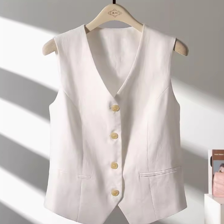 レディース ベスト 上着 羽織 前開き 袖なし ノースリーブ Vネック 襟なし ポケット ボタン リネン かわいい 大人可愛い きれいめ シンプル カジュアル 上品 おしゃれ レトロ こなれ感 ラフ