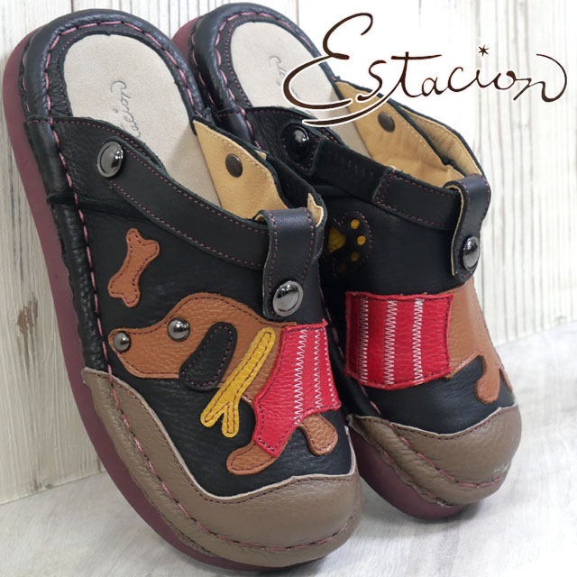 エスタシオン 履きやすい 靴 レディース クロッグサンダル 疲れない サボサンダル 2WAY 本革 痛くないカジュアル 犬 いぬ イヌ ドッグ ワンちゃんモチーフ TGE599