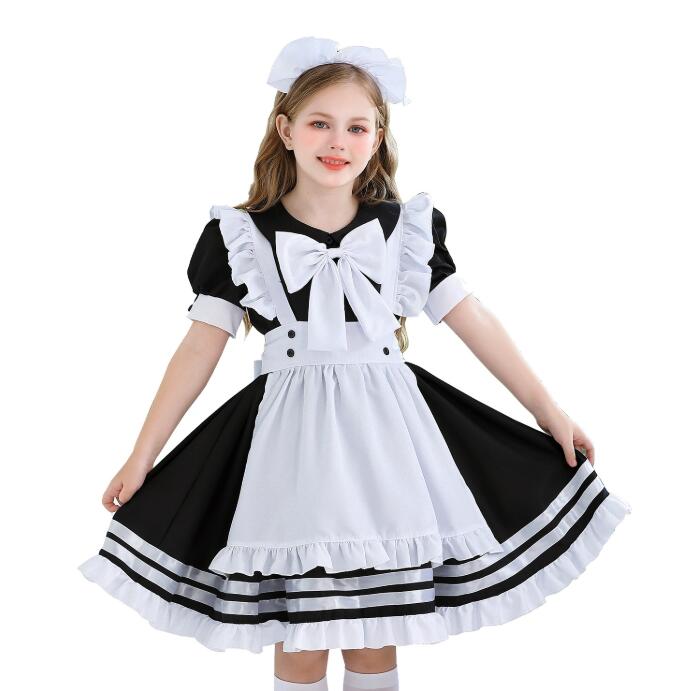 子供 メイド服 女の子 膝丈 ロリータワンピース ゴスロリ 女の子 メイドコスプレ ハロウィン 変身仮装 スカラップワンピ フレアワンピ メイド服 コスチューム 可愛いリボン付き メイド服