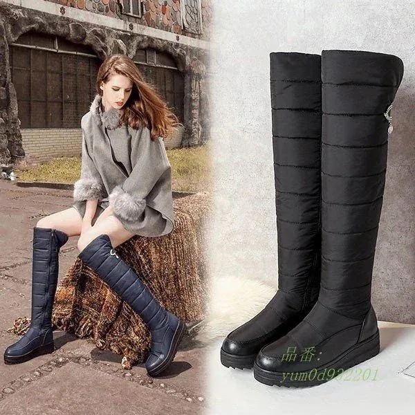 スノーシューズ 裏地ボア 黒 ウインターブーツ 雪靴 ロングブーツ ローヒール 通学 サイドジップ ネイビー 中綿 撥水 防寒 レディース