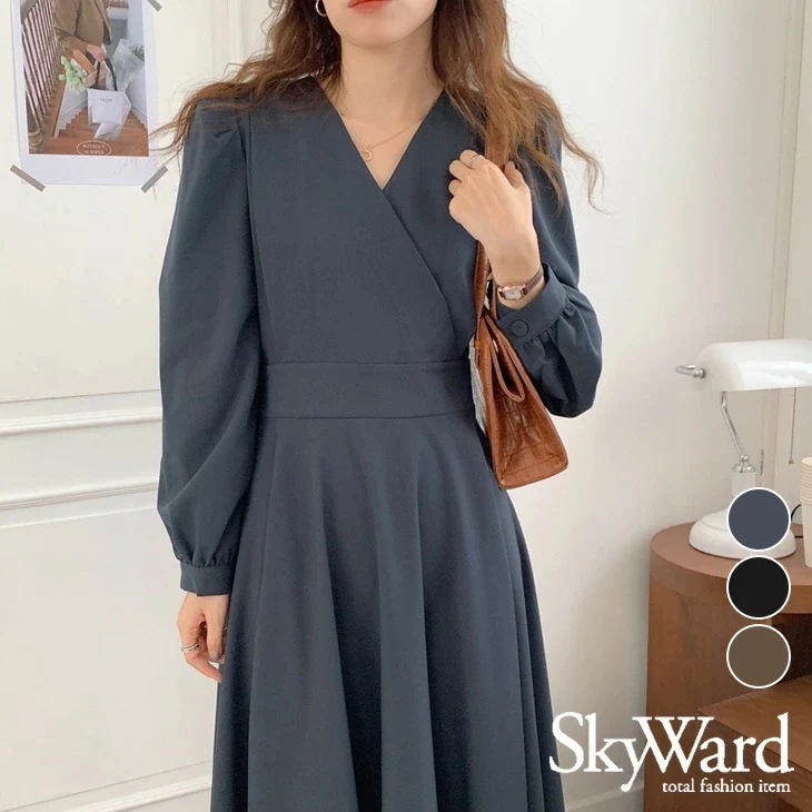 カシュクール フレア ワンピース ロング丈 ミモレ丈 ワンピース 秋冬 長袖 レディース