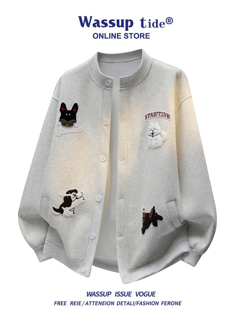 可愛い子犬の刺繍入りスウェットシャツメンズルーズフィットスタイリッシュスタンドカラージャケット