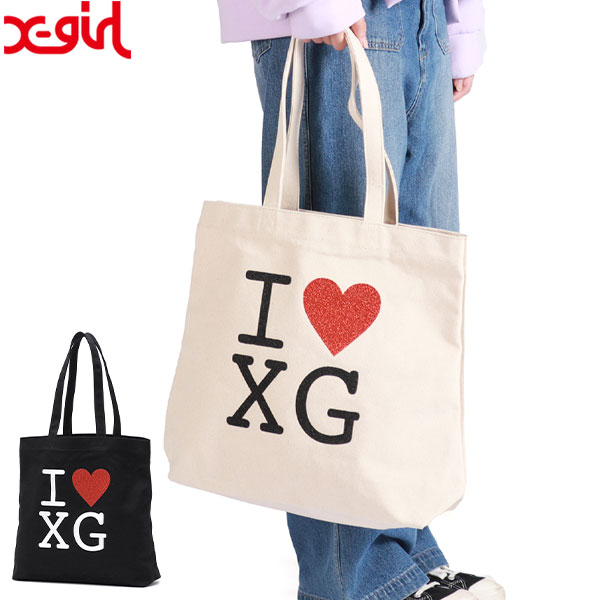 軽量 ブランド A4 B4 かわいい おしゃれ 大容量 通学 通勤 旅行 黒 綿 コットン プリント 肩掛け I LOVE XG LOGO CANVAS TOTE BAG 105243053002