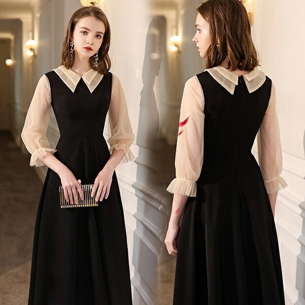 ドレス 大人 ピアノ 発表会 ロングドレス 演奏会 結婚式 母親 ドレス ピアノ発表会 黒 袖付き ロング 丈 パーティードレス 七分袖 小さいサイズ 大きいサイズ ファスナータイプ エレガント おし 10,564円