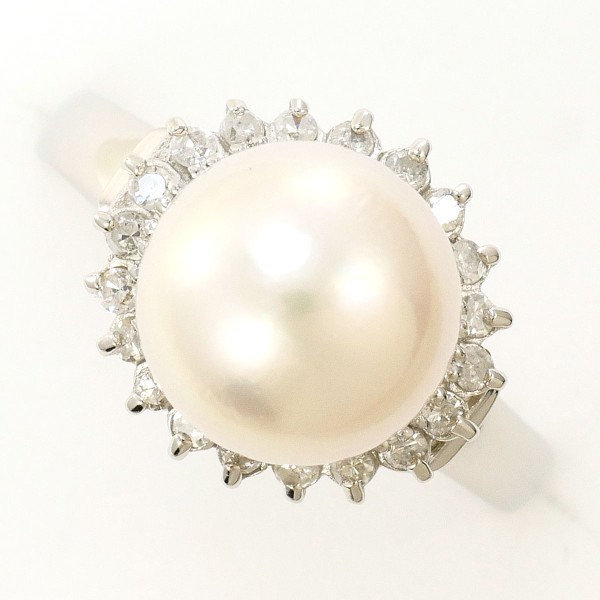 PT900 プラチナ リング 13号 パール(真珠) 約9mm ダイヤ 0.17 中古