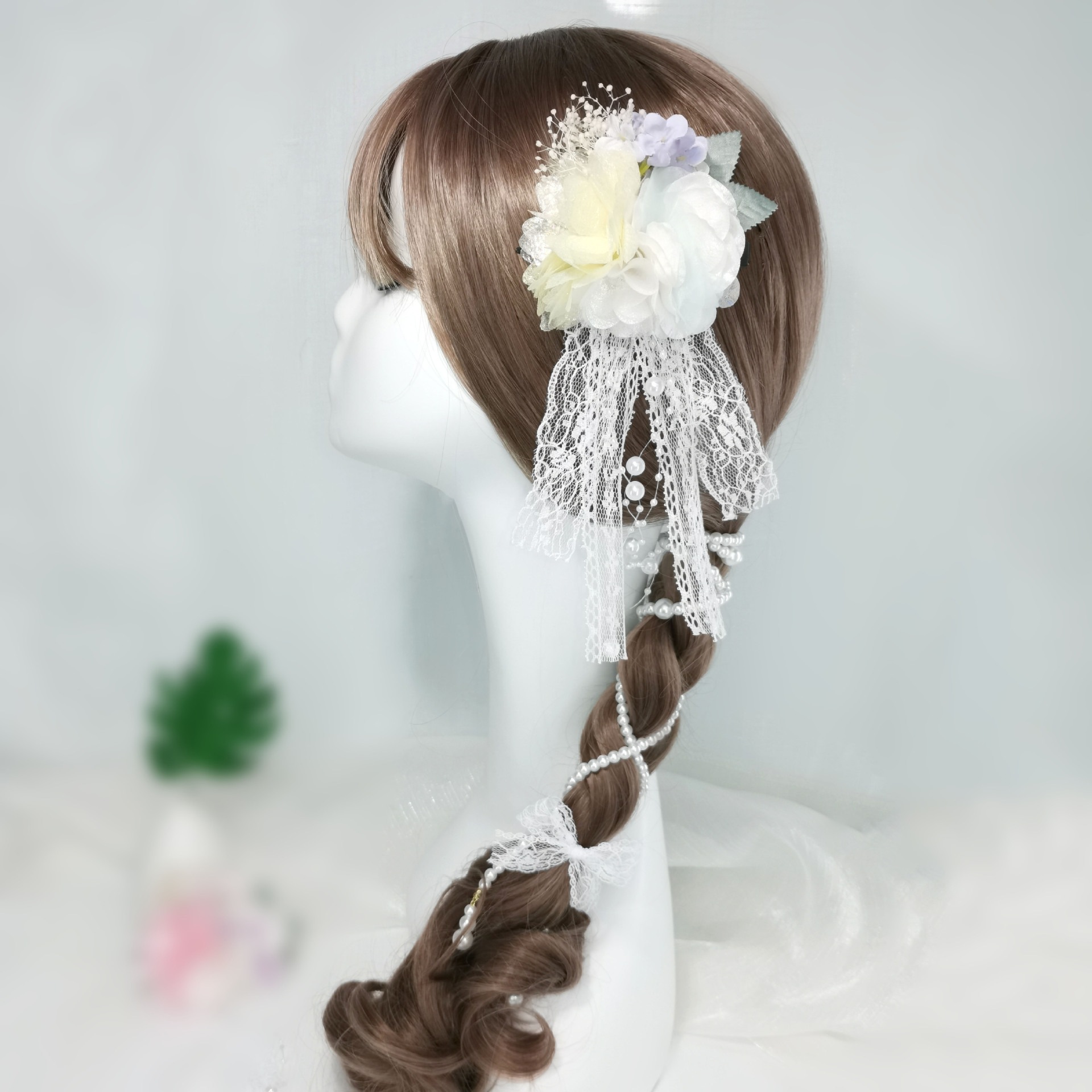 お盆和風生地 エターナルレースク ホワイトレースリボン レトロ洋風 パールヘアチェーン ロリータヘアアクセサリー