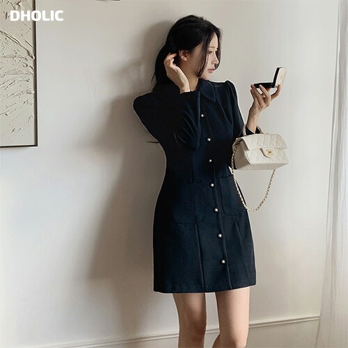 [メガ割りSALE]2TYPEパール調ボタンカラーツイードワンピース