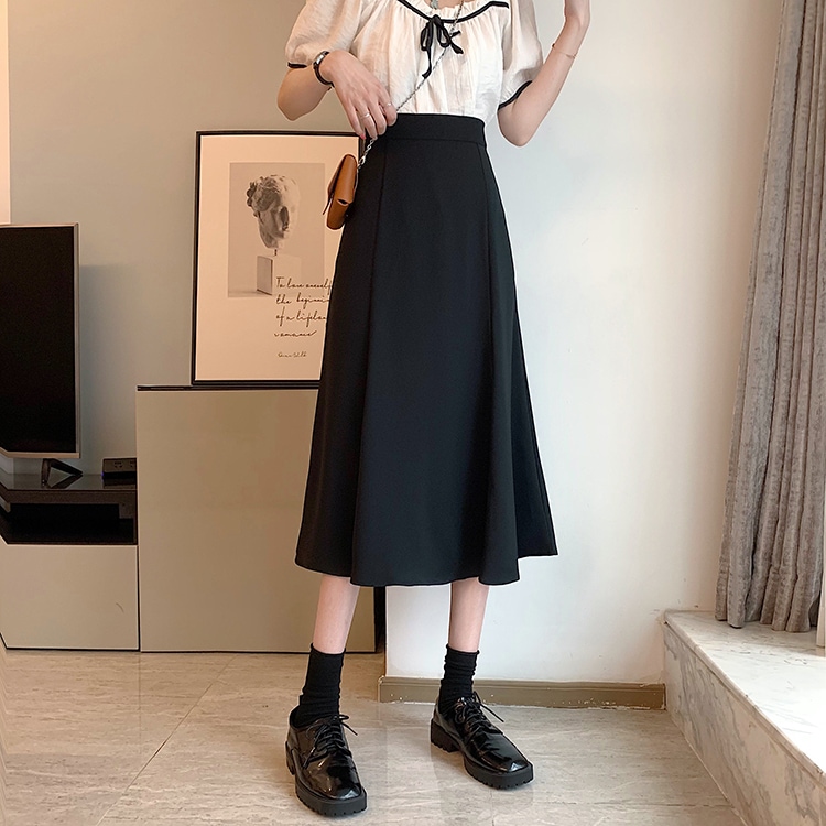 スカート ボトムス ロング 膝下 ミモレ フレア 細身 ハイウエスト ブラック 個性的 上品 お洒落 無地 春 夏 秋 冬 オールシーズン デート お出かけ レディース 女性用 10代 20代