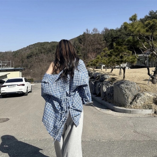 2025春2025年春のレース格子縞のラペルシャツの東門