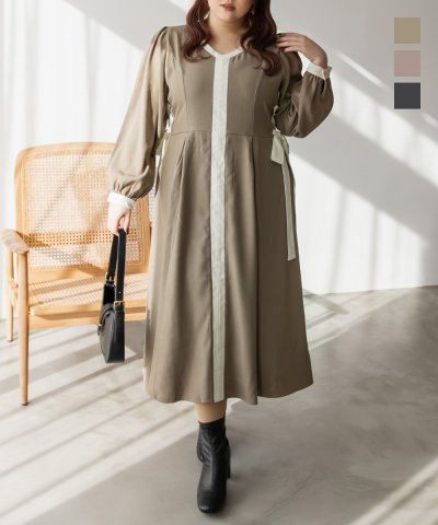 大きいサイズ レディース LL 3L 4L XL XXL XXXL CLETTEオリジナルバイカラーレースアップワンピース