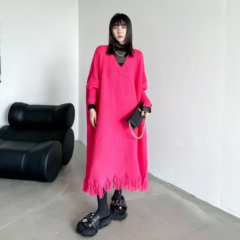 新作 おしゃれ オシャレ ワンピース ロングワンピース ニットワンピース 気質 高級感 百掛け Vネック 大きめサイズ ワンピース