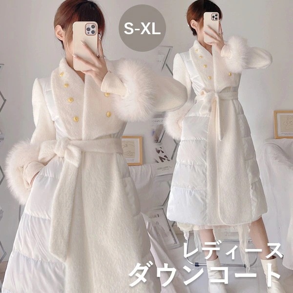 ホワイトダックダウン ダウンコート レディース リボン ミディアム 膝丈 もこもこ 冬服 ダウンジャケット アウター 冬 かわいい 大人 学生 通勤 女の子