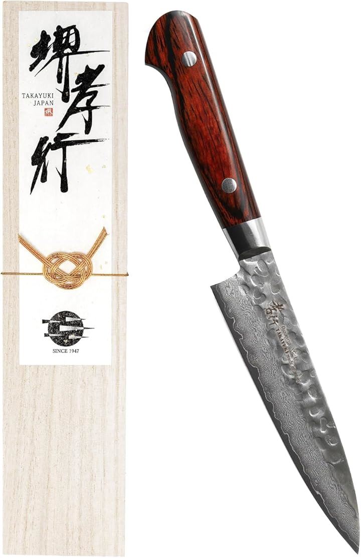 堺孝行 プロの料理人が愛用するブランド ダマスカス ペティナイフ 120mm 果物ナイフ フルーツナイフ V金10号 vg10 万能包丁(ダークブラウン, ペティナイフ 120mm)