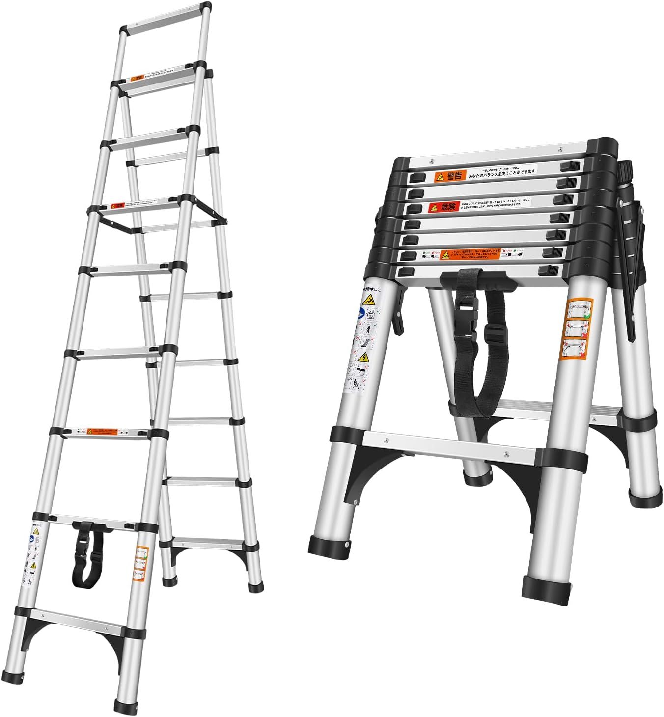 伸縮脚立はしご 最長2.6m 7段+8段 耐荷重150 kg 安定 兼用脚立 折り畳み 伸縮アルミはしご 踏み台 伸縮自在コンパクト 持ち運びに便利 軽量 室内室外両用 安全クロスバー 自動ロック 安