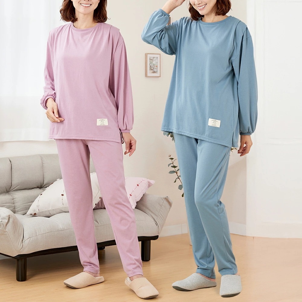 婦人綿混やわらか長袖ホームウエア2色組 ピンク・ブルーグリーン レディース パジャマ ルームウェア ホームウェア 長袖 2色組 綿混 やわらか 部屋着 婦人 女性 ゆったり リラックス 締め付けない