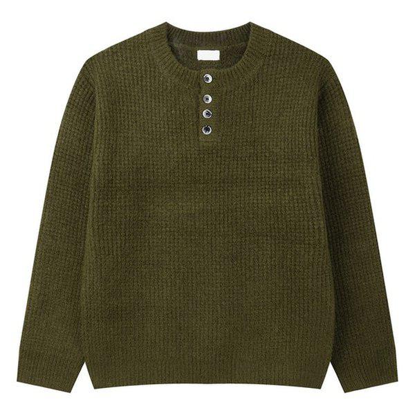 メンズワッフルヘンリーネックボタンラウンド長袖ニットTシャツ GN-KN-Q004-オリーブ