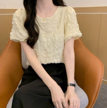 ブラウス ラウンドネック ショート丈 パフスリーブ トップス カットソー ショート丈 半袖 Uネック スリム タイト 細身 ストレート スマート シフォン 薄手 かわいい 大人可愛い きれいめ