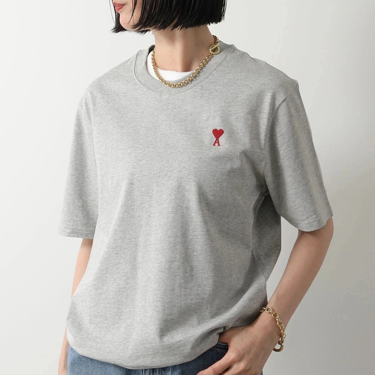 ami paris アミパリス Tシャツ BFUTS005.726 レディース 半袖 クルーネック カットソー ハートロゴ 刺繍 コットン 0951/GRIS 【mega】 17,210円