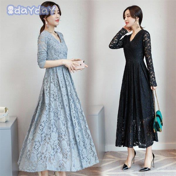 上品 ワンピース 40代 30代 披露宴 二次会 きれいめ レディース レースワンピース お呼ばれ Vネック 結婚式 パーティードレス ロングワンピース