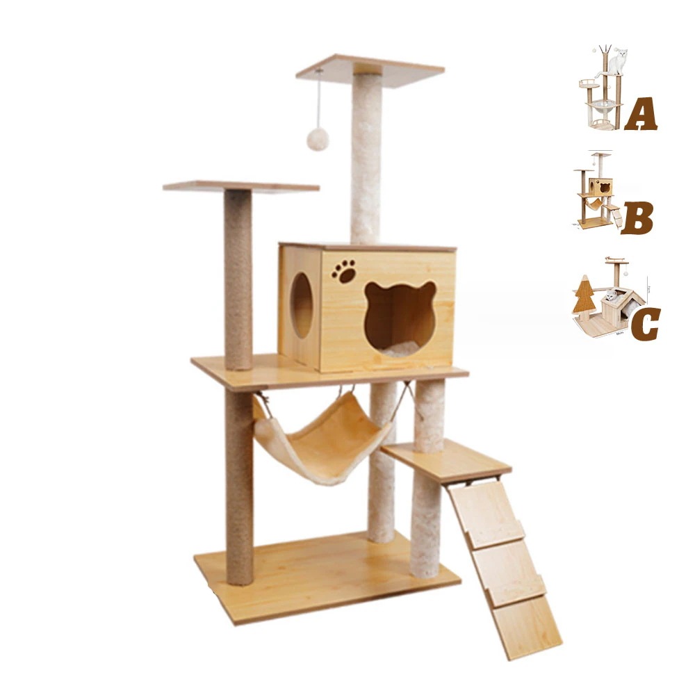 キャットタワー 据え置き 木製 猫ハウス 組み立て式 運動不足解消 爪磨き ネコのおもちゃ キャットランド 隠れ家 ネコ用品 ストレス解消 室内飼い 階段