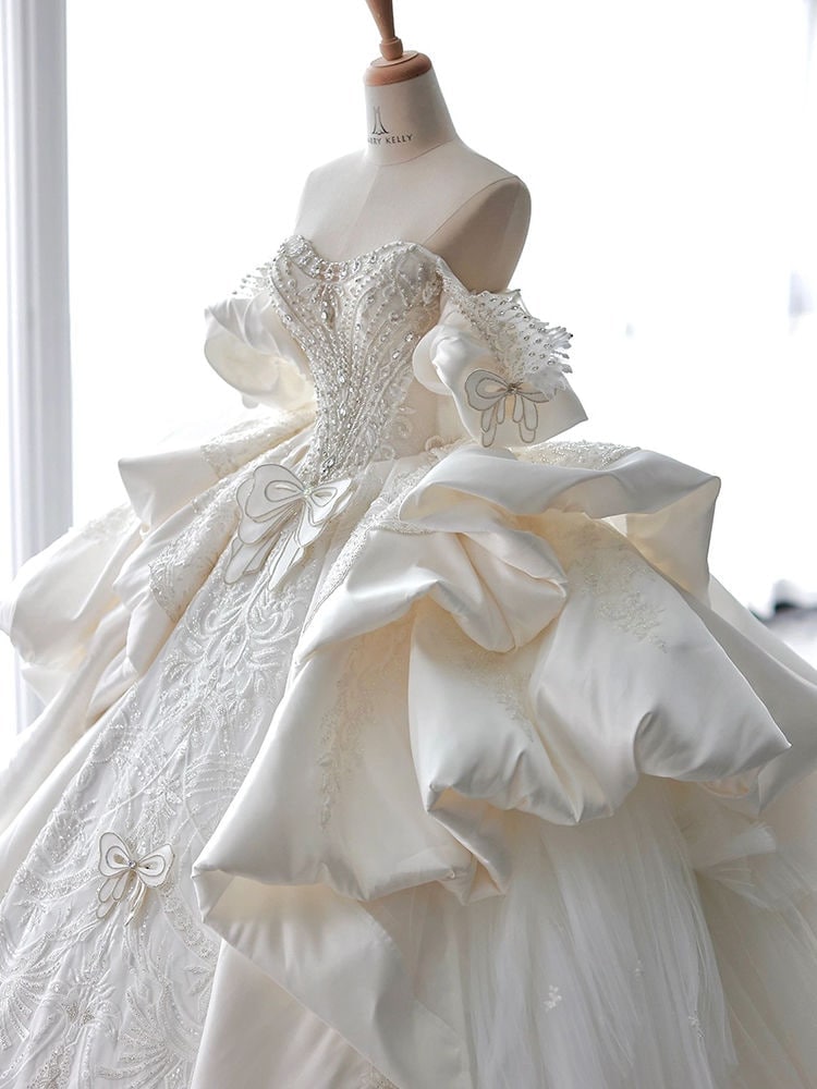 サテンワンショルダーヘビーデューティーウェディングドレス2025ブライダルラージテール冬主糸