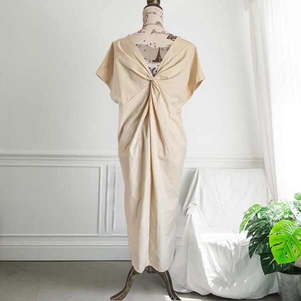 ワンピース 背中開き ねじり F ベージュ 即納 ブラウン レディース 25001767 ロング マキシ スリット 半袖 Vネック バックオープン ツイスト