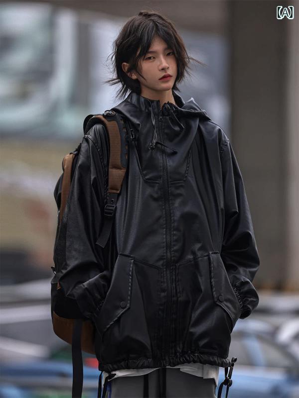 春 アメリカン ストリート PU レザー オートバイ フード レザー カップル カップル トップスス ジャケット